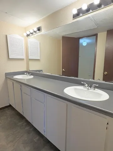 a bathroom with a double vanity sink and a mirror