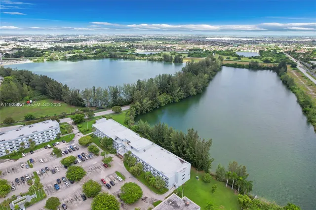 a view of a lake with a city view