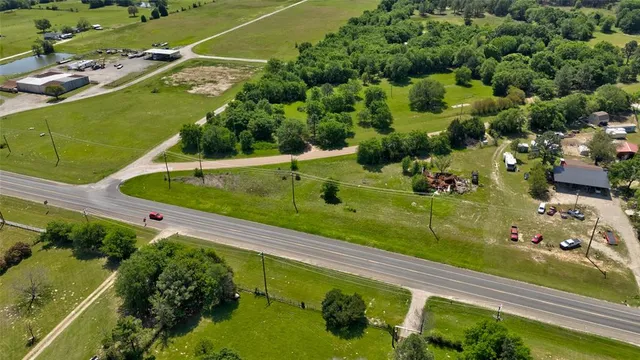 an aerial view of a pool