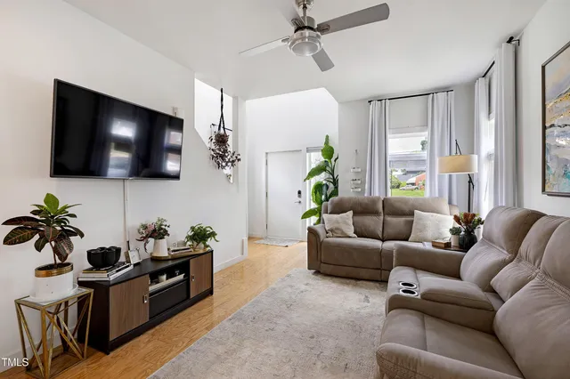 a living room with furniture and a potted plant