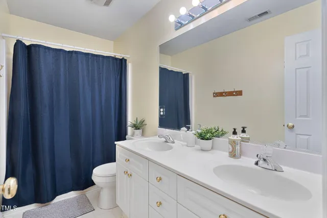 a bathroom with a double vanity sink toilet and a mirror