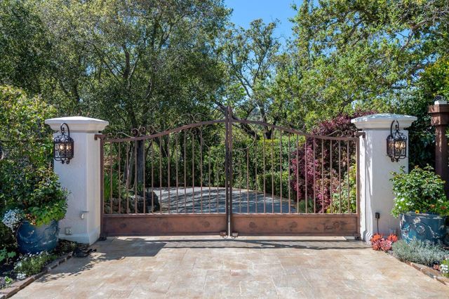 a front view of a house with a yard and potted plants