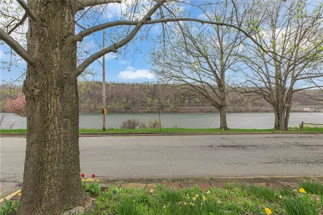 a view of a white house with a big yard and potted plants