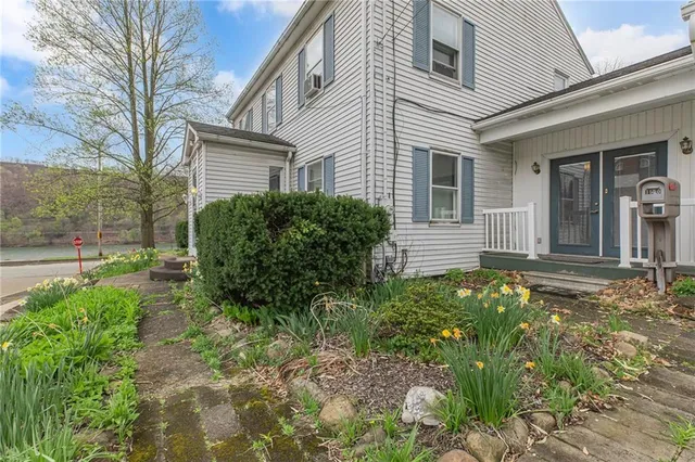 a front view of house with a garden