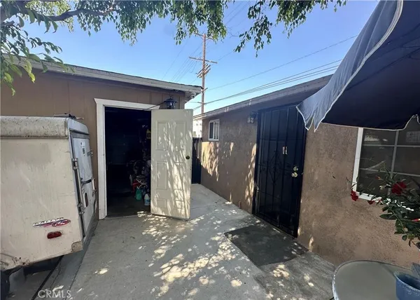 a view of a porch with seating space