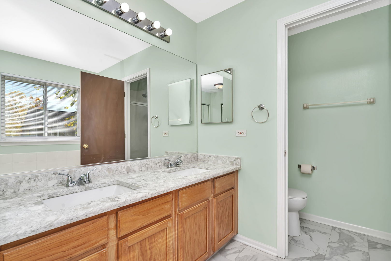 2509 Rosehall Lane Aurora, IL 60503 - Photo 28 of 51 a bathroom with a granite countertop sink a toilet and a large mirror