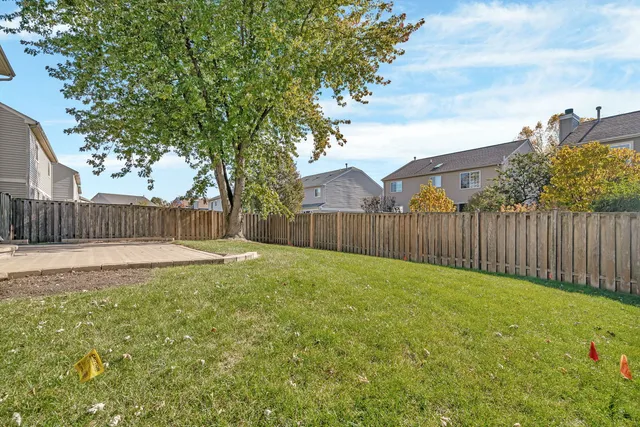 a view of a house with backyard and a tree