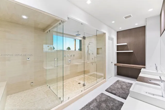 a bathroom with a shower and a toilet