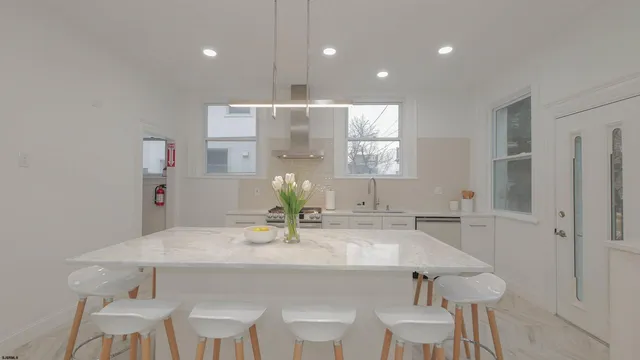 a view of a dining room with furniture