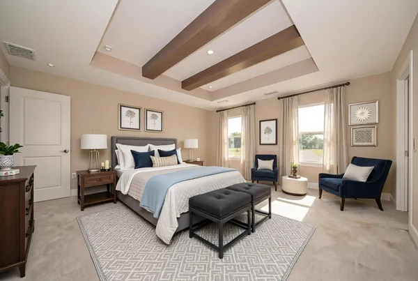 a spacious bedroom with a bed and a couch