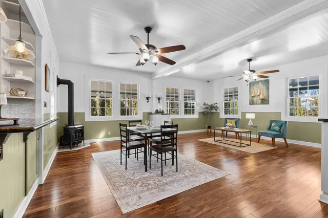 a view of a dining room with furniture