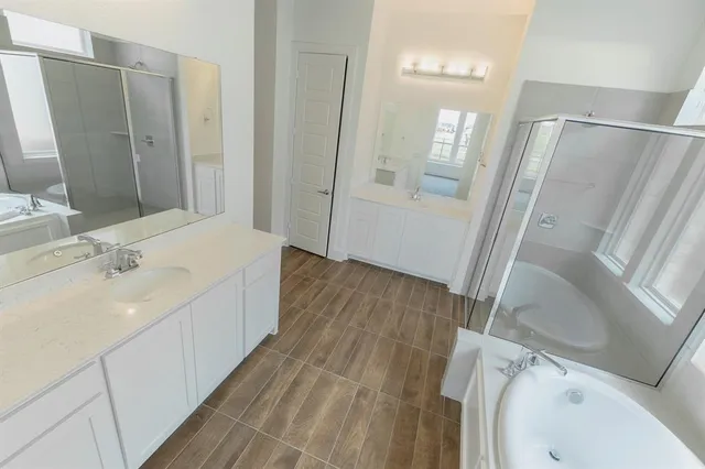 a bathroom with a sink a mirror and a shower
