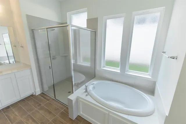 a bathroom with a tub a sink and a mirror