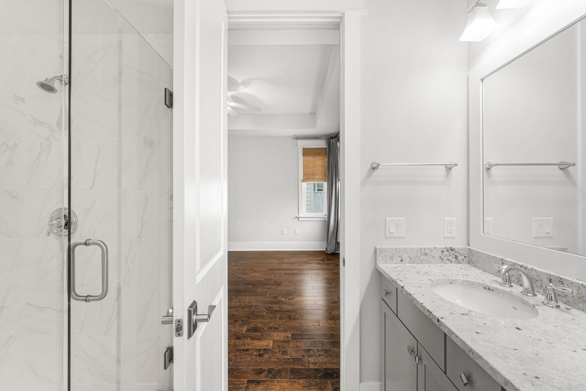 426 Flatwoods Forest Loop Santa Rosa Beach, FL 32459 - Photo 35 of 59 a bathroom with a granite countertop sink mirror and shower