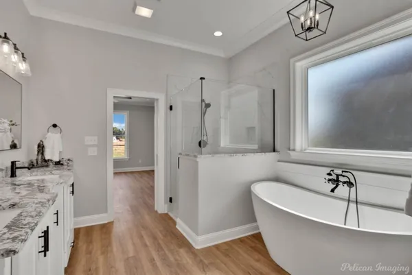 a bathroom with a bathtub and a shower