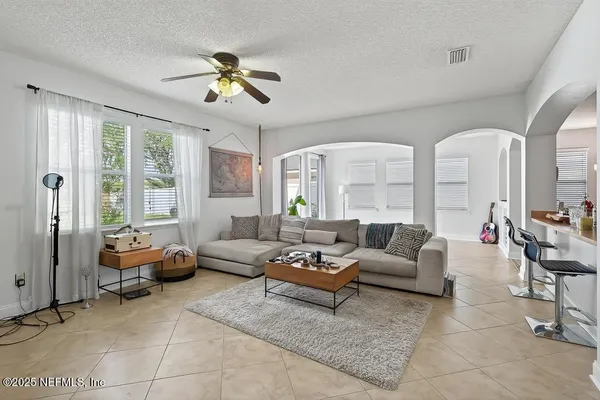a garden view with a seating space