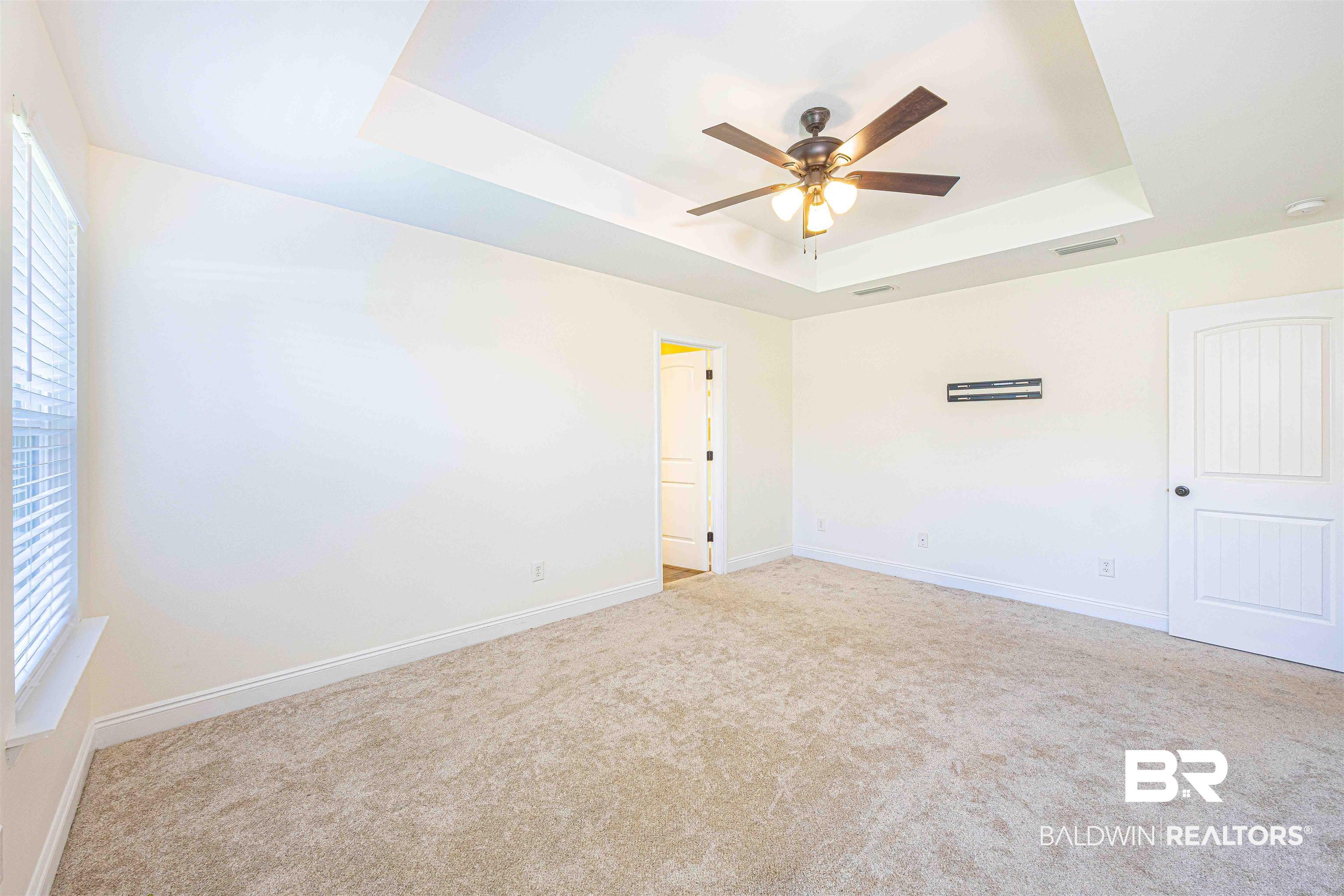 18675 Explorer Drive Loxley, AL 36551 - Photo 21 of 42 Carpeted empty room featuring a tray ceiling, a ceiling fan, healthy amount of natural light, and baseboards