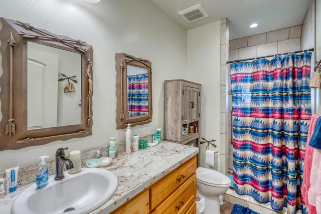 a bathroom with a sink vanity mirror and toilet