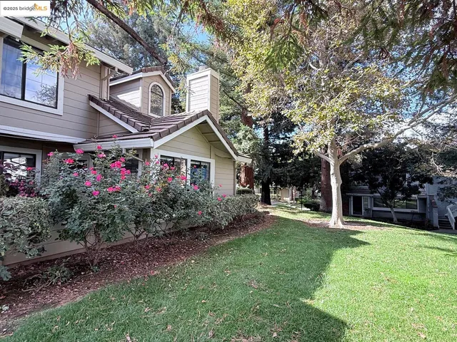 a front view of a house with a yard and potted plants