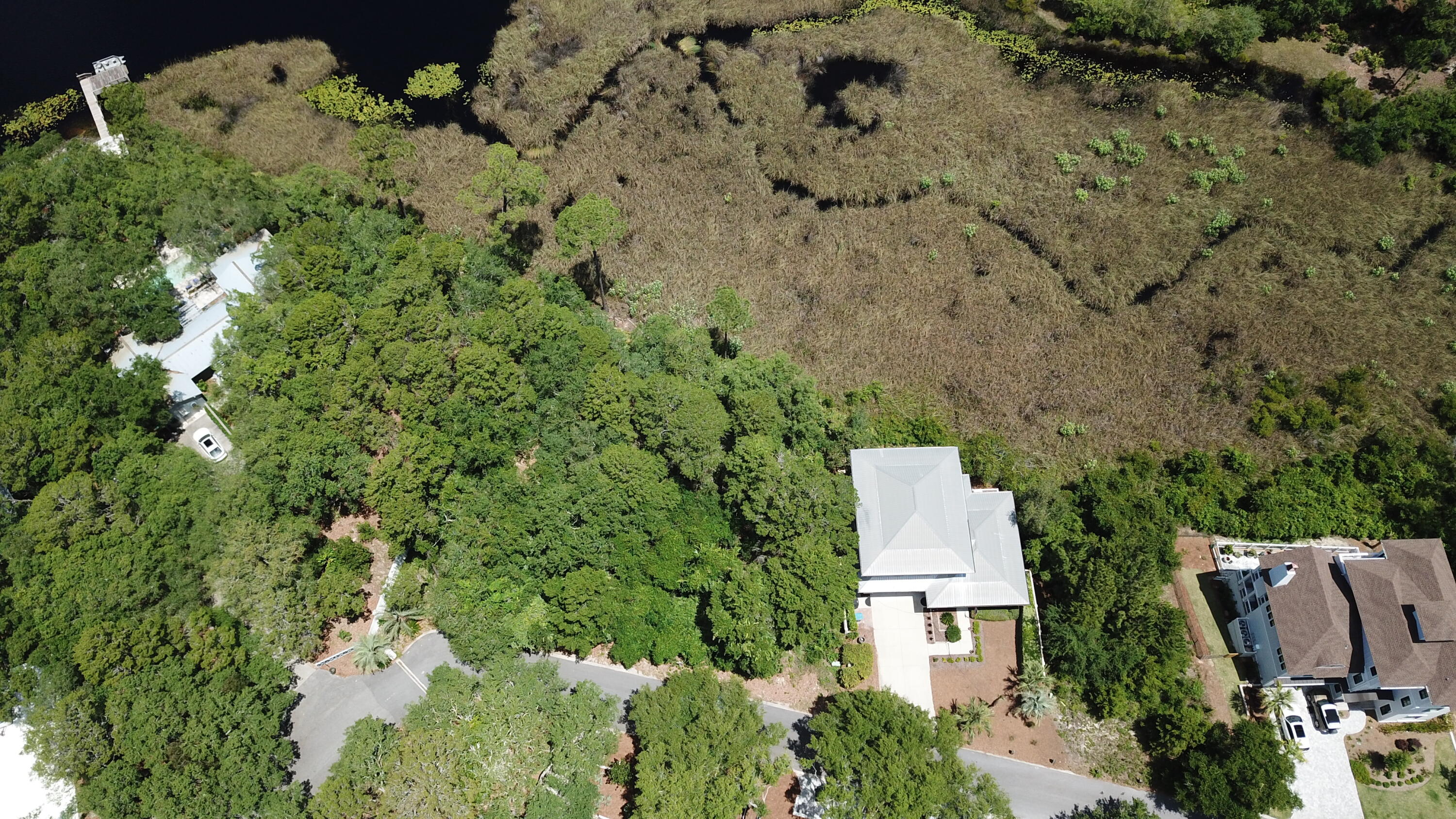 an aerial view of a house with a yard and large tree
