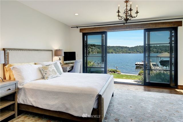 a bedroom with a bed and a large window with pool table