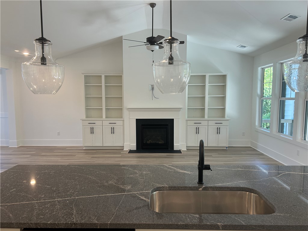 131 Shale Drive Central, SC 29630 - Photo 8 of 11 This bright living space features vaulted ceilings, built-in shelving, and a sleek kitchen island with a sink.