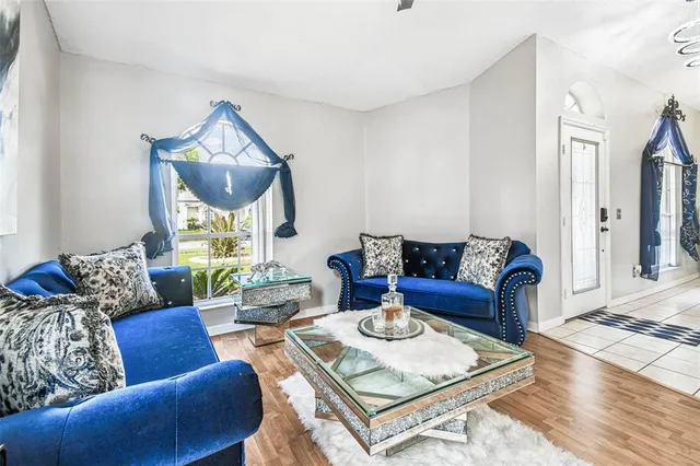 a view of a dining room with furniture