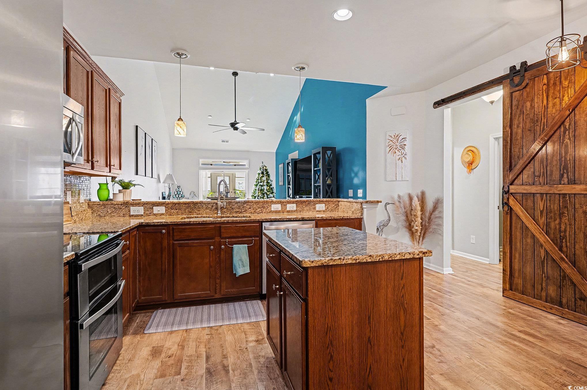 1526 Palmina Loop, Unit C Myrtle Beach, SC 29588 - Photo 5 of 34 Kitchen featuring a barn door, hanging light fixtures, appliances with stainless steel finishes, dark stone counters, and lofted ceiling