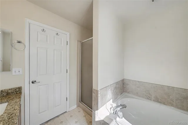 a bathroom with a bathtub and shower