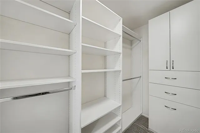 a view of walk in closet with empty racks