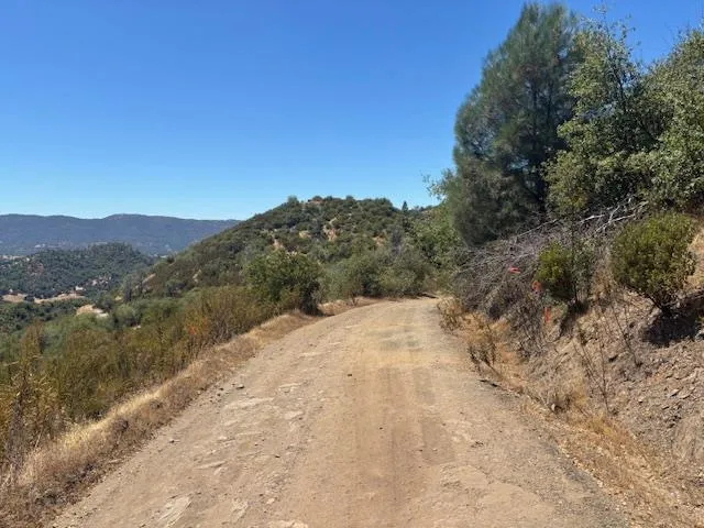 a view of a dry yard with mountains in the background