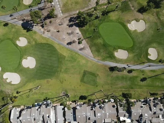an aerial view of a swimming pool