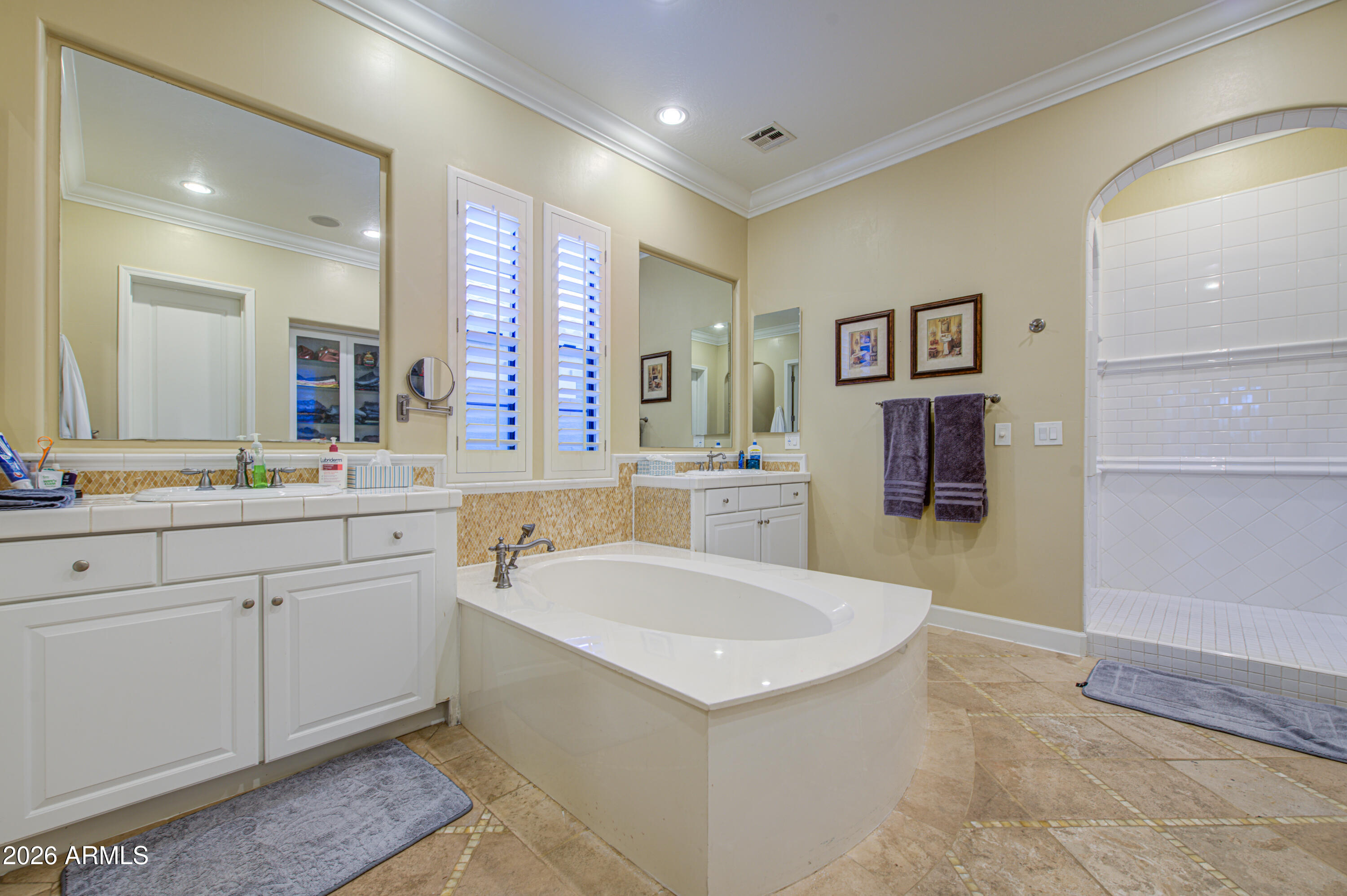 14474 West Coronado Road Goodyear, AZ 85395 - Photo 44 of 74 a spacious bathroom with a sink a mirror a bathtub and a shower