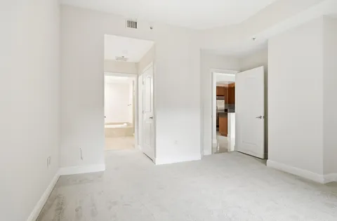 an empty room with closet and a hallway