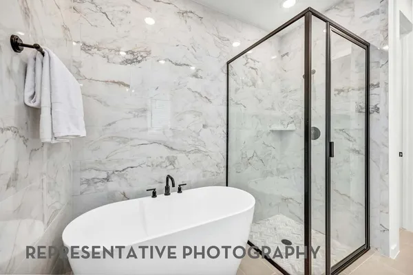 a bathroom with a bathtub and shower