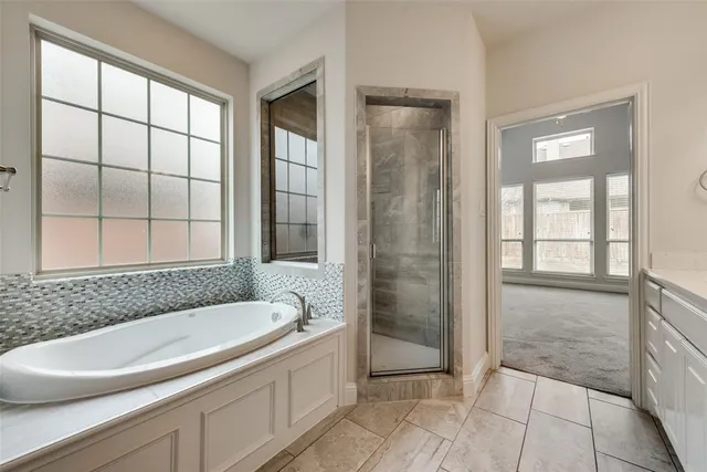 a bathroom with a granite countertop sink and a bathtub