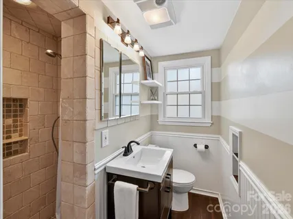 a bathroom with a sink toilet and shower