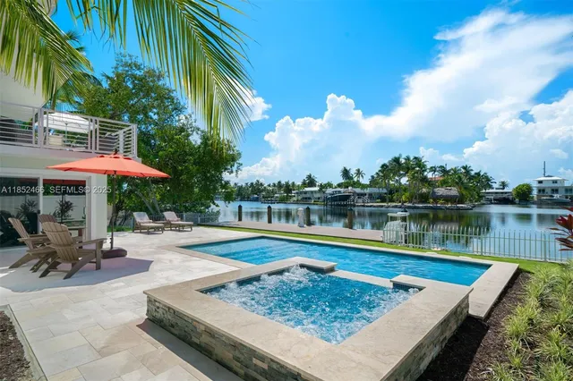 an aerial view of a city with lake view in back