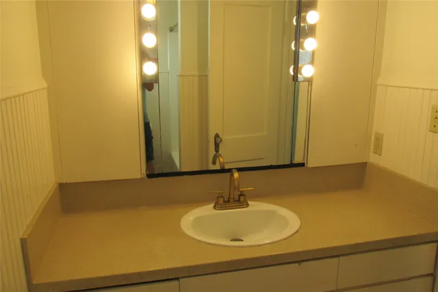 a bathroom with a sink and a mirror