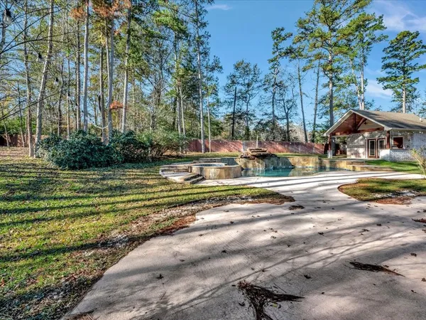 a view of a swimming pool with a lawn chairs and plants