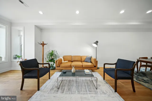 a living room with furniture and a potted plant
