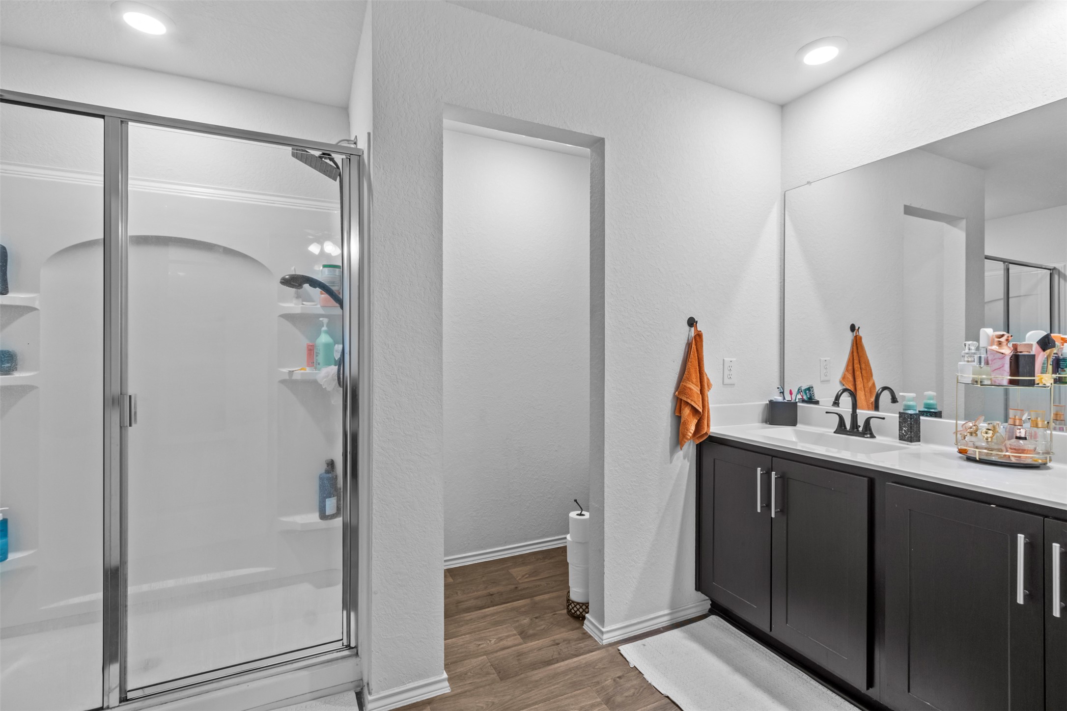 339 Euclid Lane Kyle, TX 78640 - Photo 12 of 17 a bathroom with a double vanity sink a mirror and shower