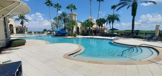 a view of a swimming pool with a yard