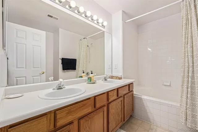 a bathroom with a sink double vanity granite tub shower and a mirror