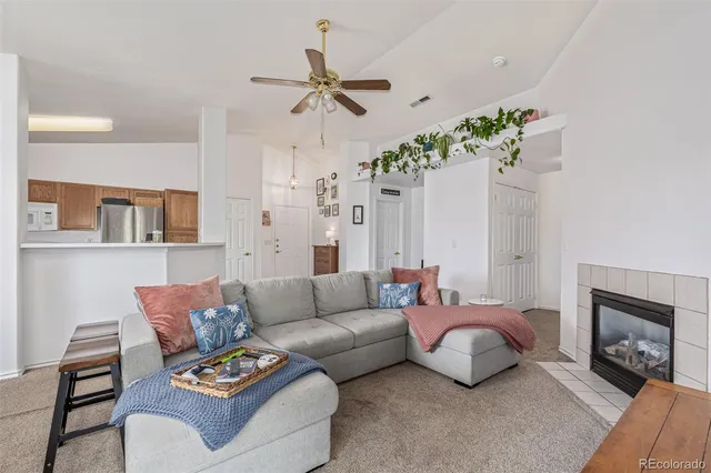 a living room with furniture and a fireplace