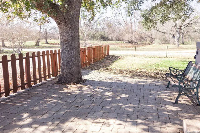a view of a yard with trees in the background