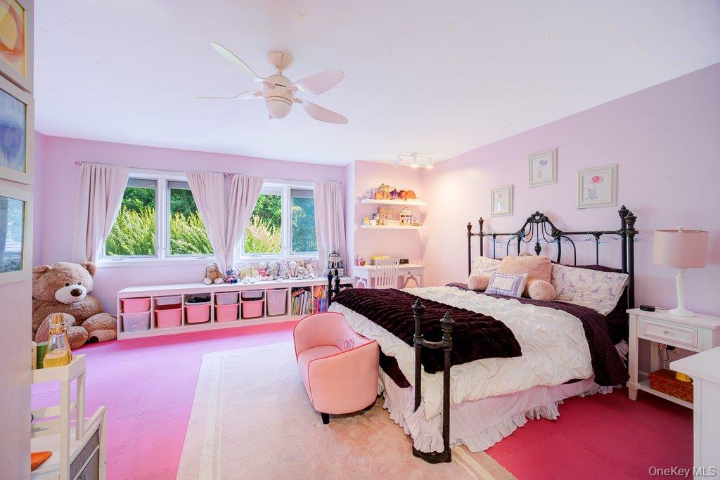 237 Mineral Springs Road Highland Mills, NY 10930 - Photo 20 of 32 Bedroom featuring a ceiling fan, carpet flooring, and rail lighting