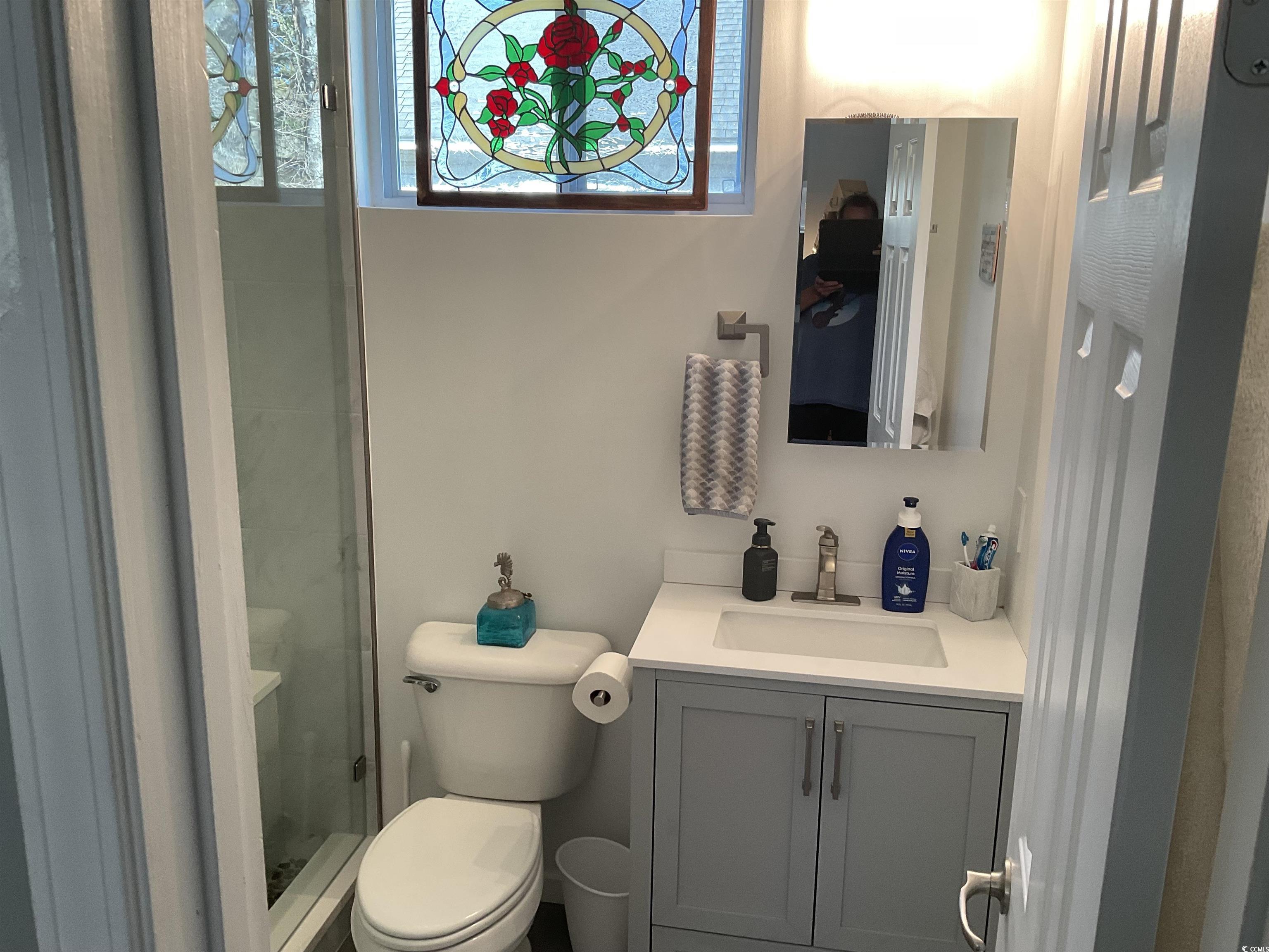 804 Brenda Place Myrtle Beach, SC 29577 - Photo 24 of 39 Bathroom with vanity, a shower with shower door, and toilet