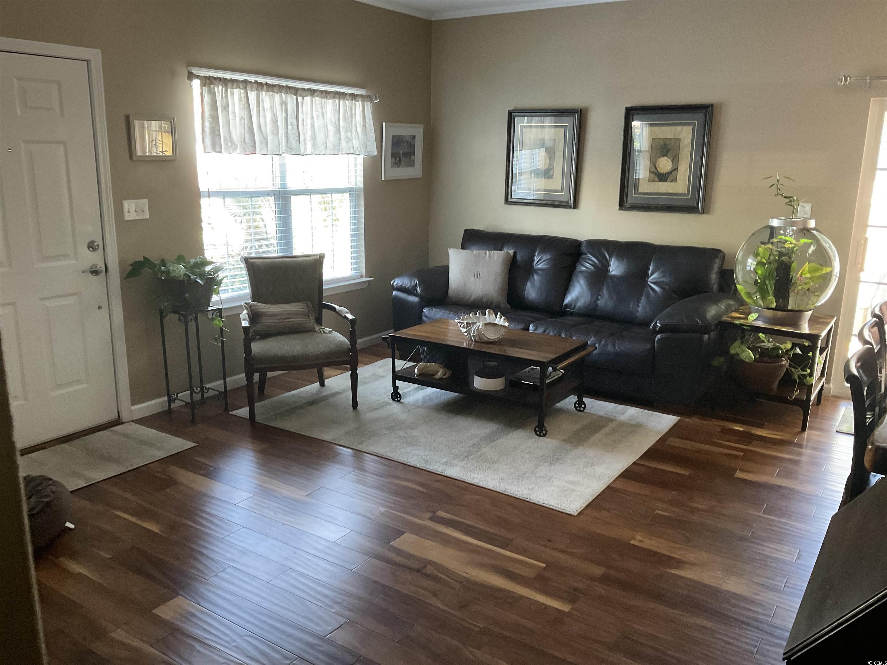804 Brenda Place Myrtle Beach, SC 29577 - Photo 5 of 39 Living room with dark wood-style flooring, ornamental molding, and radiator