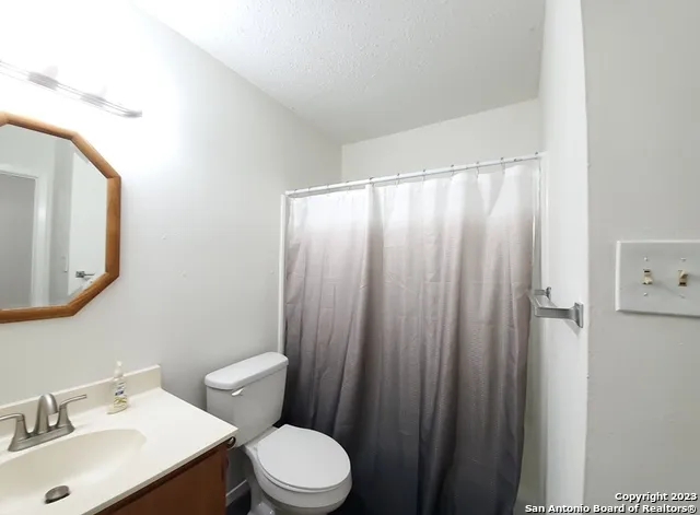 a bathroom with a sink a toilet and mirror